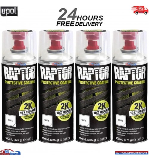 4 X UPOL RAPTOR 2K TOUGH BED LINER U-POL PROTECTOR 400ML AEROSOL - WHITE